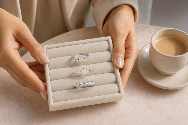 Charola con tres anillos, sostenida en el showroom
