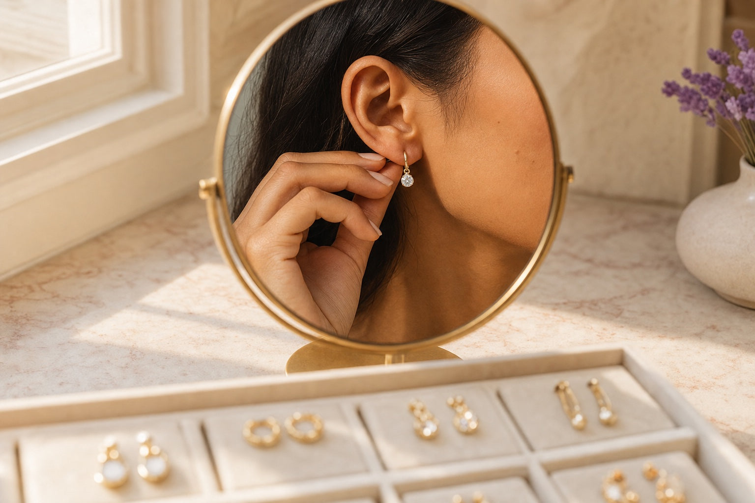 Prueba de aretes frente al espejo de tocador en el showroom