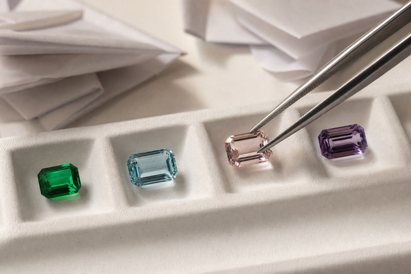 Selección de gemas de color sueltas en bandeja de clasificación con pinzas de gemólogo