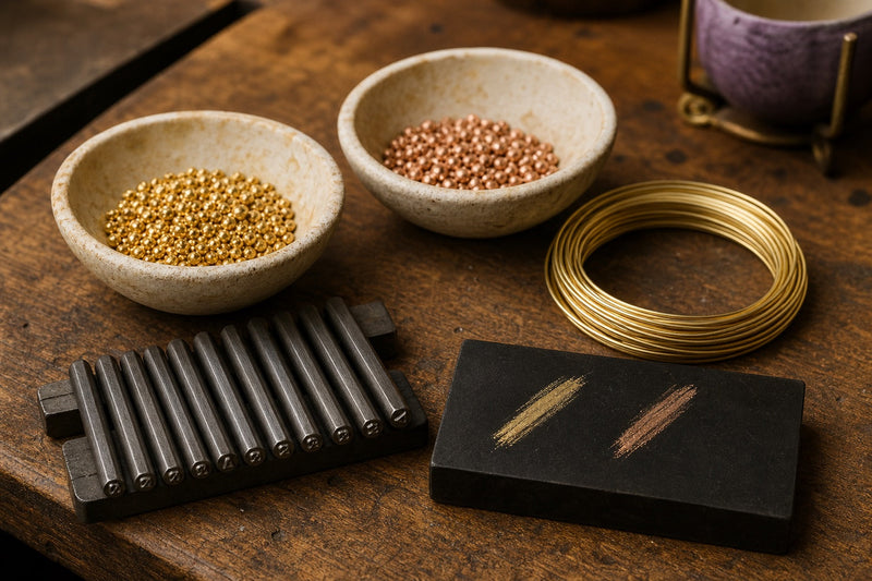 Oro en el taller: granalla de oro amarillo y rosa, alambre, punzones de contraste y piedra de toque