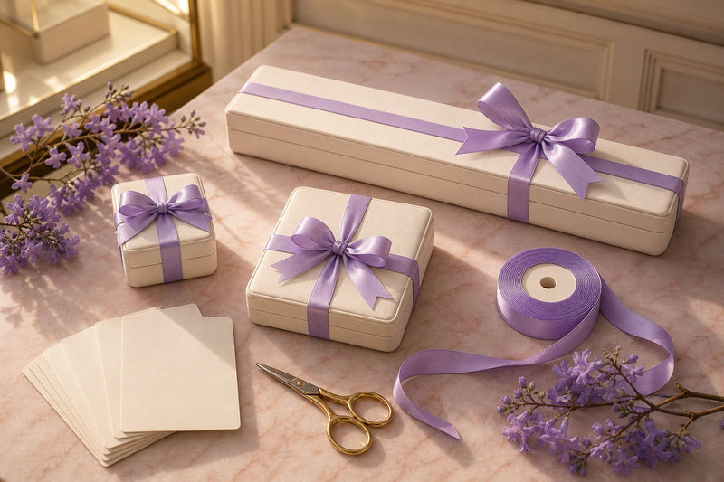 Mesa de empaque: estuches de joyería con listones lila y ramitas de jacaranda