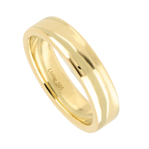 Argolla de matrimonio de oro amarillo de 14k con un canal corrido a todo el aro, en toma de catálogo sobre fondo blanco.