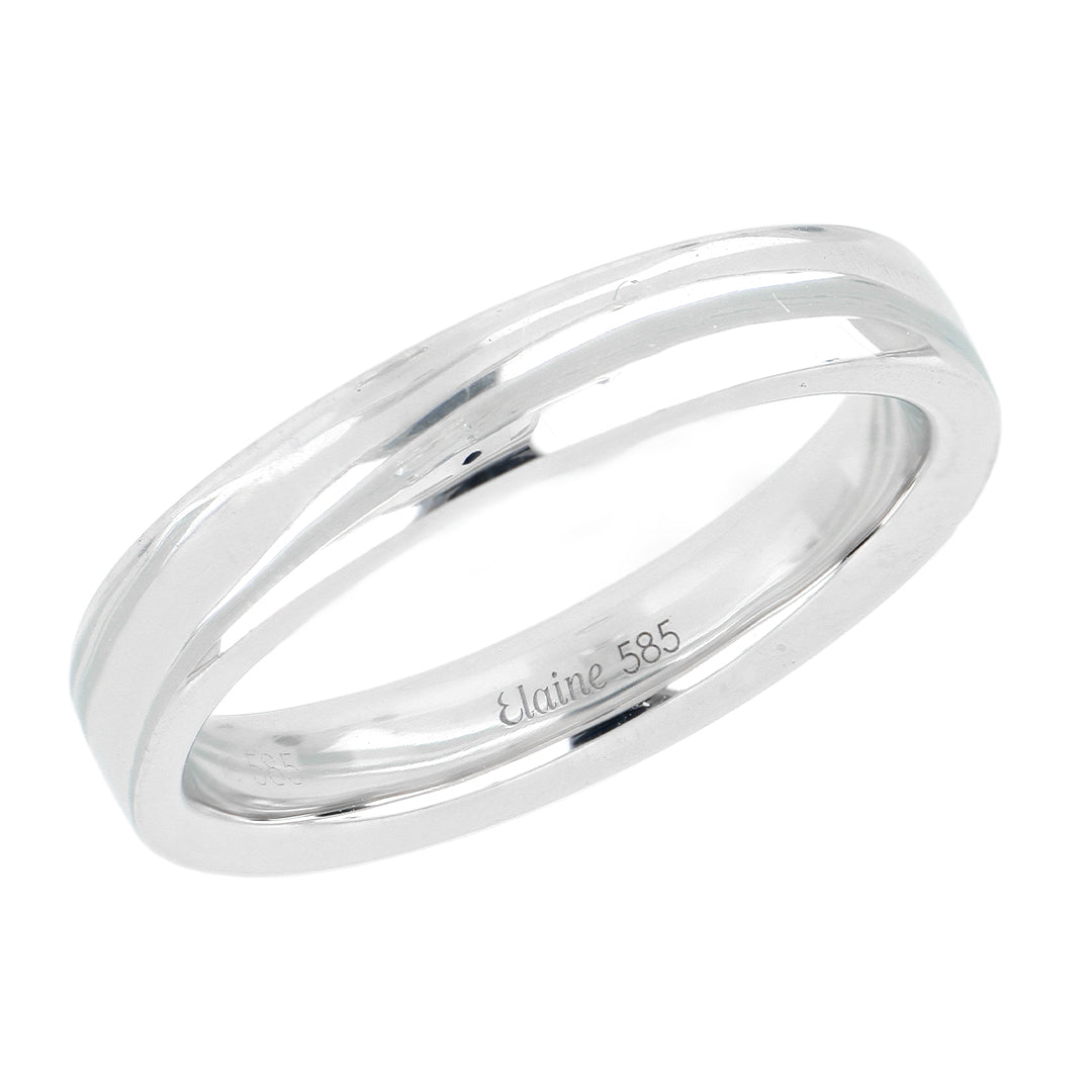 Argolla de matrimonio de oro blanco de 14k con un canal corrido a todo el aro, en toma de catálogo sobre fondo blanco.