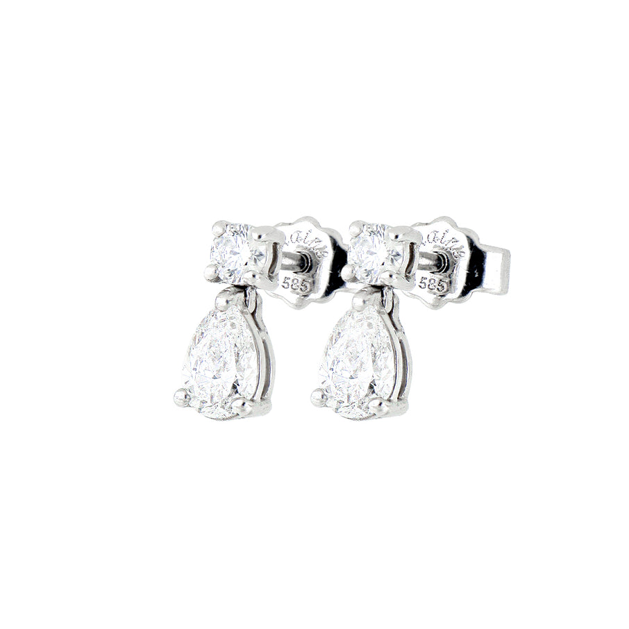 Broqueles Goccia Cima de Oro Blanco 14k con diamantes de laboratorio, en toma de catálogo sobre fondo blanco.