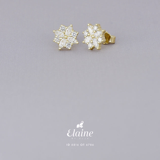 Broqueles Fiore de Oro Amarillo 14k con diamantes de laboratorio, foto oficial sobre fondo gris con el logo de Elaine.