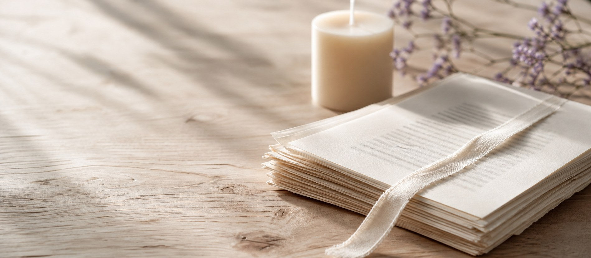 Notas editoriales de Elaine: páginas impresas, cinta de lino y una vela sobre madera